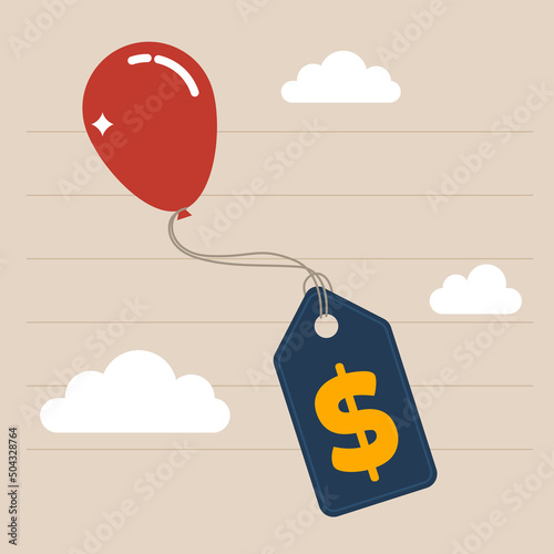 Air balloon tied with product price tag flying high rising up in the sky. Inflation causing price rising up, overvalued stock or funds, consumer purchasing power reducing concept.