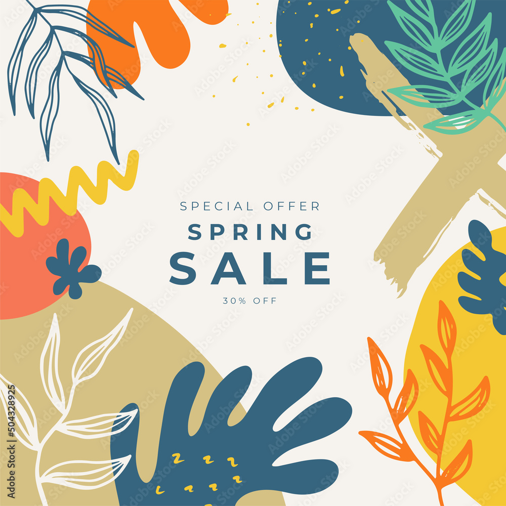 Floral spring design with white flowers, green leaves, eucaliptus and succulents. Round shape with space for text. Banner or flyer sale template, vector illustration.