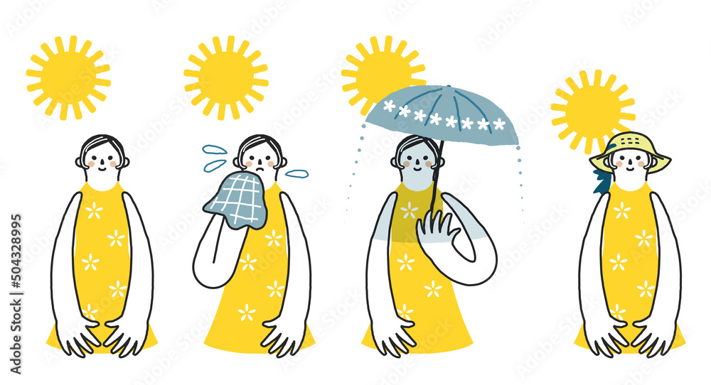 夏の日差しの下汗をかいたり 日傘をさしたり 麦わら帽子をかぶったりして暑さをしのいでいる女性 セット イラスト素材 Stock Vector Adobe Stock 夏の日差しの下汗をかいたり 日傘をさしたり 麦わら帽子をかぶったりして暑さをしのいでいる女性 セット イラスト素材 Stock Vector Adobe Stock