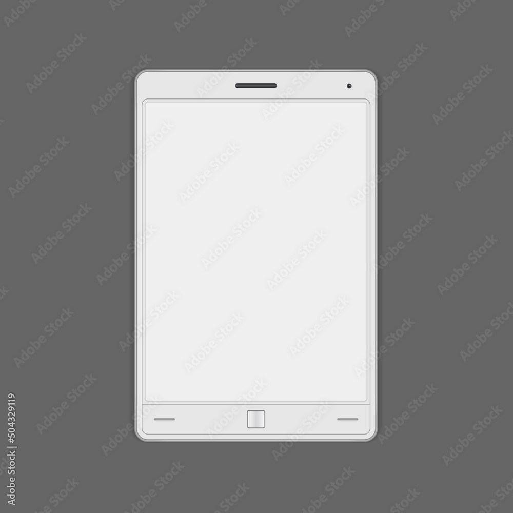 White realistic tablet pc empty display 3d template vector illustration. Vertical portable computer with buttons blank touch screen wireless device cyberspace communication. Modern electronic book White realistic tablet pc empty display 3d template vector illustration. Vertical portable computer with buttons blank touch screen wireless device cyberspace communication. Modern electronic book
