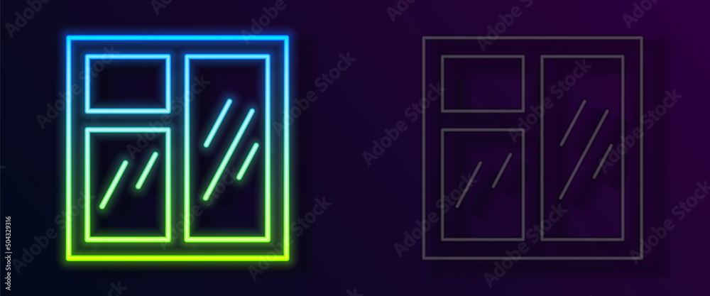 Glowing neon line Window in room icon isolated on black background. Vector