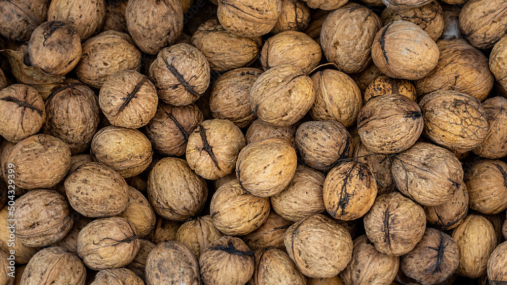 Walnuts with shells. Background of walnuts. Walnuts with shells. Background of walnuts.