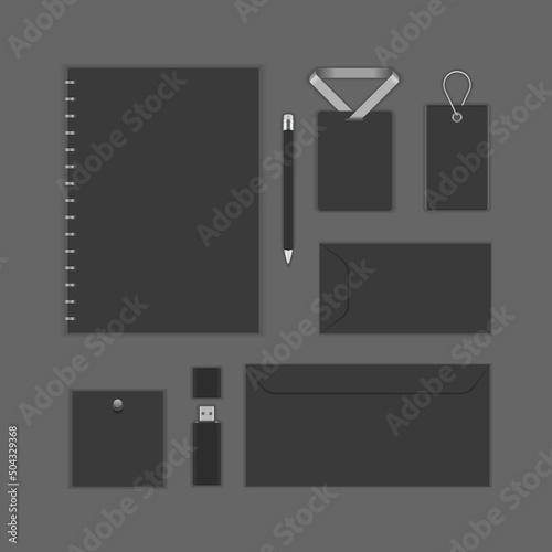 Fashion black business accessories design set realistic template vector illustration. Collection corporate branding id pencil, paper folder, hanged badge, tag rope, envelope paper letter, USB storage