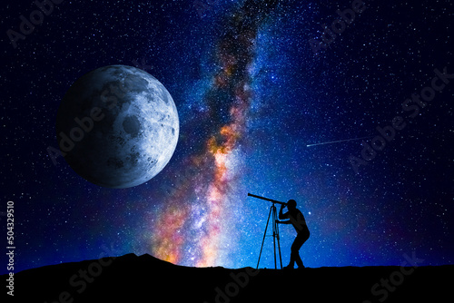 Man looking at the stars and moon through a telescope фототапет
