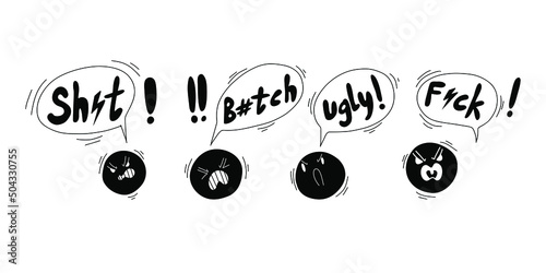 Angry face. Doodle hand drawn swear bad emoji. Bad Swear words. Doodle hand drawn speech bubble with swear words symbols. Comic speech bubble. Angry screaming face emotions. Vector illustration.