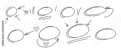 Highlighter ovals set. Marker Lines, arrows, check, circle, yes, isolated on white background. Marker pen highlight underline strokes. Vector hand drawn graphic doodle element.