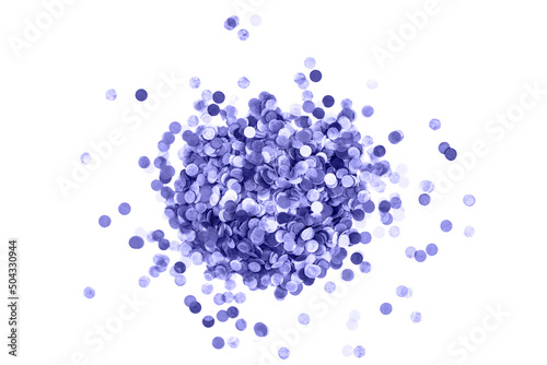 Heap of purple confetti background. Flat lay style.