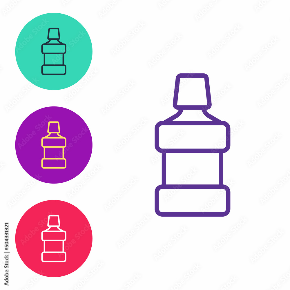 Set line Mouthwash plastic bottle icon isolated on white background. Liquid for rinsing mouth. Oralcare equipment. Set icons colorful. Vector