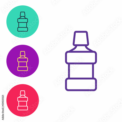 Set line Mouthwash plastic bottle icon isolated on white background. Liquid for rinsing mouth. Oralcare equipment. Set icons colorful. Vector
