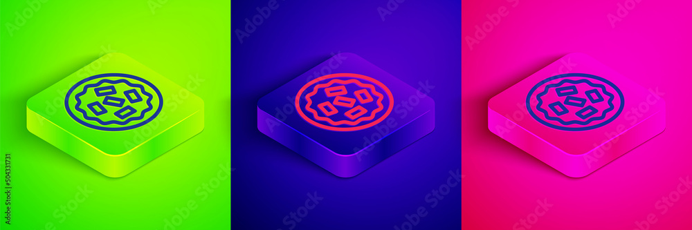 Isometric line Homemade pie icon isolated on green, blue and pink background. Square button. Vector Isometric line Homemade pie icon isolated on green, blue and pink background. Square button. Vector