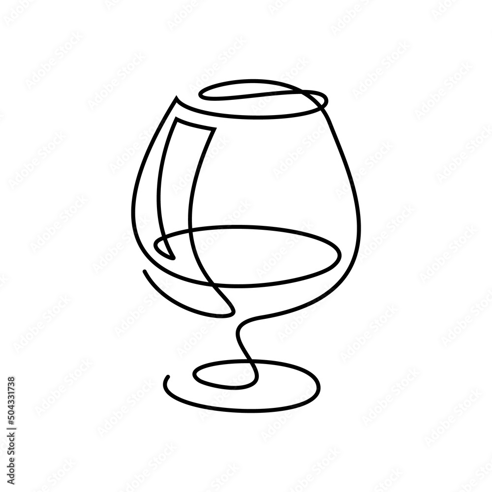 Cognac glass in continuous line art drawing style. Brandy snifter black