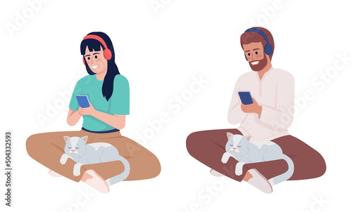 Listening to music with cat on lap semi flat color vector character set. Sitting figures. Full body people on white. Simple cartoon style illustration for web graphic design and animation