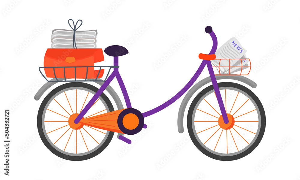 Post delivery bicycle semi flat color vector element. Full sized object on white. Newspapers delivery. Postman transport simple cartoon style illustration for web graphic design and animation