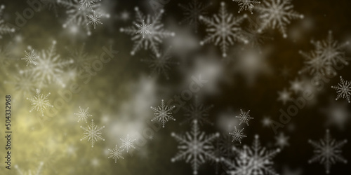 Abstract light yellow and gold background with flying snowflakes