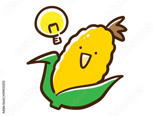 電球マークでひらめくとうもろこしのかわいい手書き風イラスト