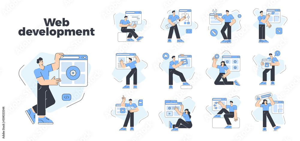 Collection people web development cyberspace technology media communication service vector flat illustration. Set man and woman browsing internet programming code writing software database computing Collection people web development cyberspace technology media communication service vector flat illustration. Set man and woman browsing internet programming code writing software database computing