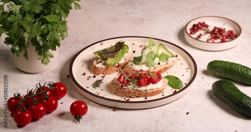 Bruschetta with cheese and vegetables. Traditional italian appetizer or snack, antipasto