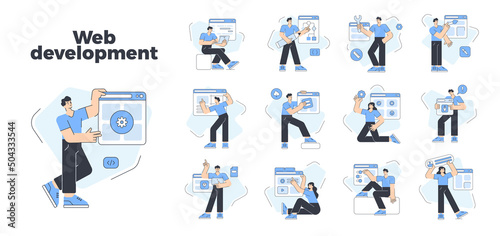 Collection people web development cyberspace technology media communication service vector flat illustration. Set man and woman browsing internet programming code writing software database computing