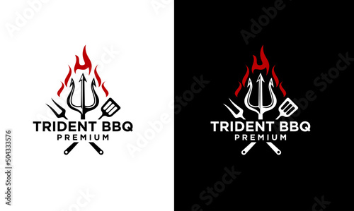 trident Fire Flame Barbecue Grill food Logo