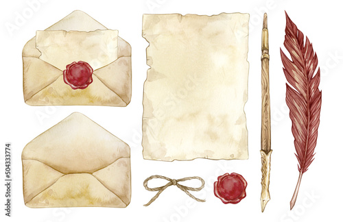 Set of watercolor illustrations with vintage envelopes, letters, wax seal, feather pen, piece of paper. isolated