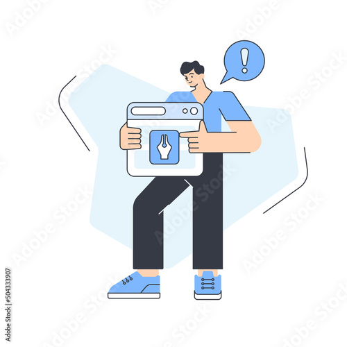 Male developer tester finding bug error at code script browsing computer software vector flat illustration. Man programmer virus prevention web development internet service connection interface
