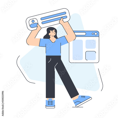 Woman creating personal profile account log in social networks vector flat illustration. Female user sign up cyberspace information media page service website application for communication and dating