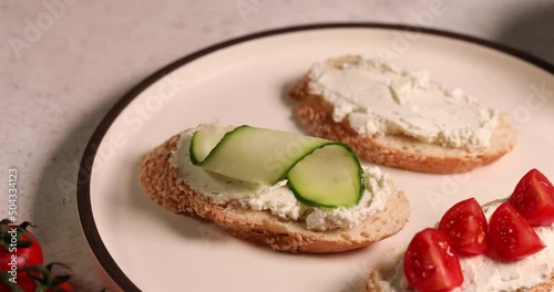 Bruschetta with cheese and vegetables. Traditional italian appetizer or snack, antipasto