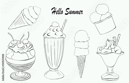 Set of ice cream graphic illustrations isolated on white background. 