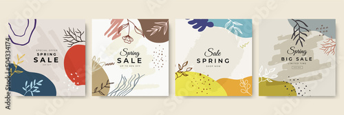 Beige pink abstract square art design templates with floral and geometric elements vector illustration. Good for social media posts, mobile apps, banners design and web or internet ads.