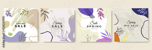 Beige pink abstract square art design templates with floral and geometric elements vector illustration. Good for social media posts, mobile apps, banners design and web or internet ads.