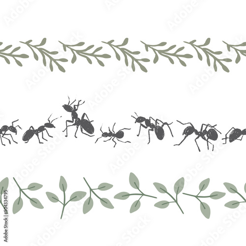 Black Ants and Leaves Vector Seamless Horizontal Borders Set © Farijazz
