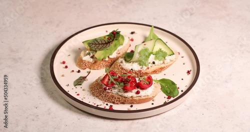 Bruschetta with cheese and vegetables. Traditional italian appetizer or snack, antipasto