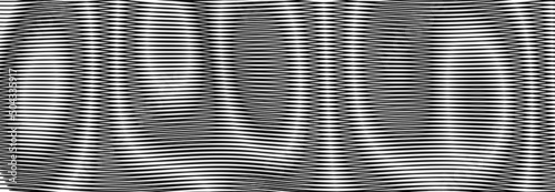 Monochrome horizontal linear banner with rounded abstract shapes and volumetric moire effect. Creative background for web sites, interior design, business cards, banners, posters.