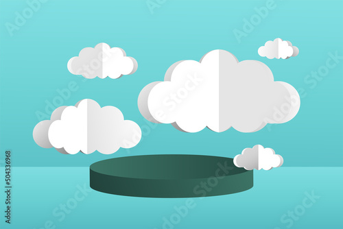 3d social media post template banner, cloud papper cut style with podium design