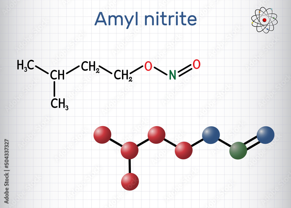Amyl nitrite, isoamyl nitrite, isopentyl nitrite, molecule. It is popper, vasodilator agent, antihypertensive medicine. Structural chemical formula, molecule model. Sheet of paper in a cage Amyl nitrite, isoamyl nitrite, isopentyl nitrite, molecule. It is popper, vasodilator agent, antihypertensive medicine. Structural chemical formula, molecule model. Sheet of paper in a cage