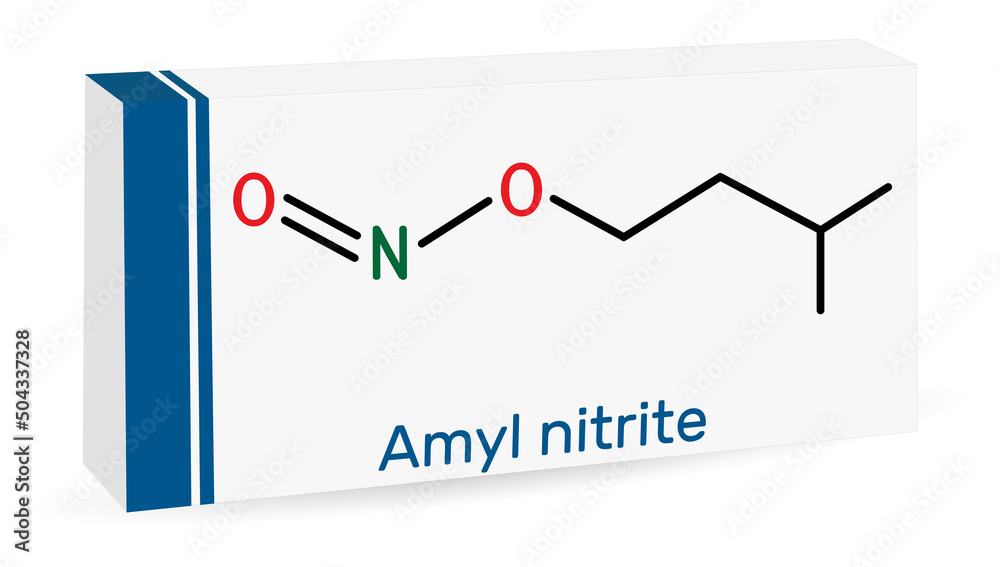Amyl nitrite, isoamyl nitrite, isopentyl nitrite, molecule. It is popper, vasodilator agent, antihypertensive medicine. Skeletal chemical formula. Paper packaging for drugs. Amyl nitrite, isoamyl nitrite, isopentyl nitrite, molecule. It is popper, vasodilator agent, antihypertensive medicine. Skeletal chemical formula. Paper packaging for drugs.