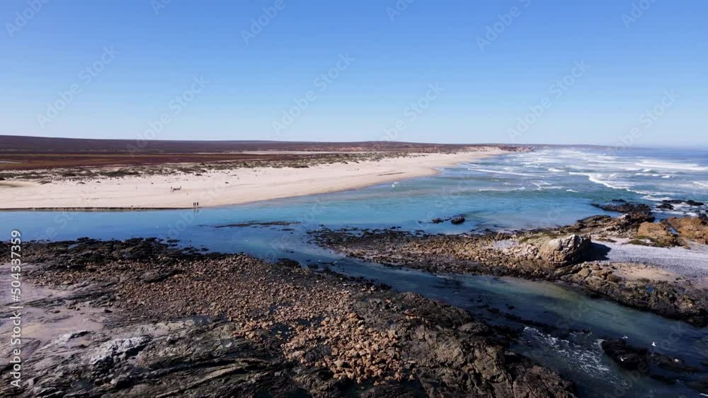 Drone push-in over rocky Atlantic coastline shows birdlife at river mouth Drone push-in over rocky Atlantic coastline shows birdlife at river mouth