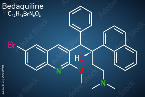 Bedaquiline antituberculosis drug molecule. It is diarylquinoline antimycobacterial medication. Structural chemical formula on the dark blue background