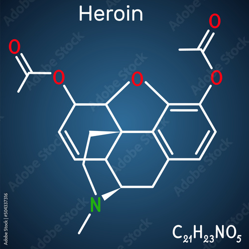 Heroin, diacetylmorphine, diamorphine molecule. It is opioid, narcotic analgesic, recreational drug. Structural chemical formula on the dark blue background.