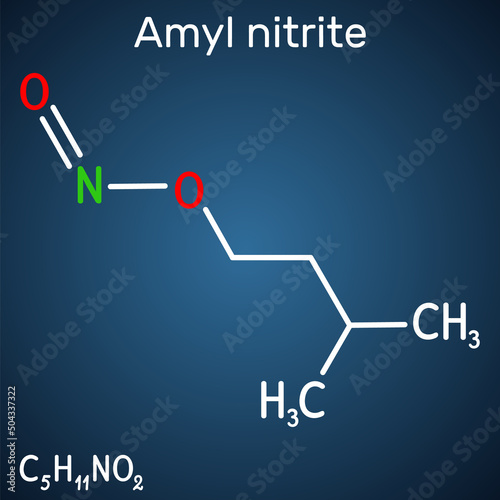 Amyl nitrite, isoamyl nitrite, isopentyl nitrite,  molecule. It is popper, vasodilator agent, antihypertensive medicine. Structural chemical formula on the dark blue background