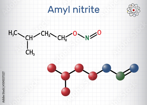 Amyl nitrite, isoamyl nitrite, isopentyl nitrite,  molecule. It is popper, vasodilator agent, antihypertensive medicine. Structural chemical formula, molecule model. Sheet of paper in a cage