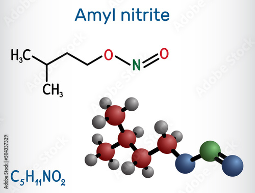 Amyl nitrite, isoamyl nitrite, isopentyl nitrite,  molecule. It is popper, vasodilator agent, antihypertensive medicine. Structural chemical formula, molecule model.