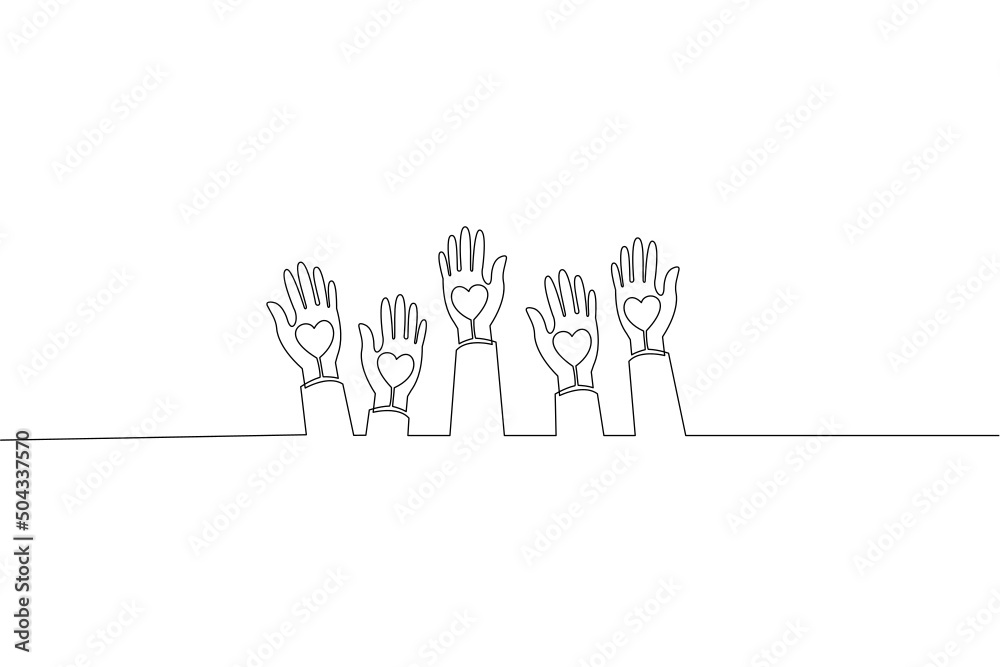 Continuous line drawing of Human hands volunteer with hearts on white background. Continuous line drawing of Human hands volunteer with hearts on white background.