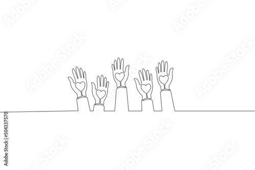 Continuous line drawing of Human hands volunteer with hearts on white background.
