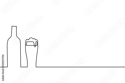 Continuous line drawing of Bottle and glasses of beer on white background.
