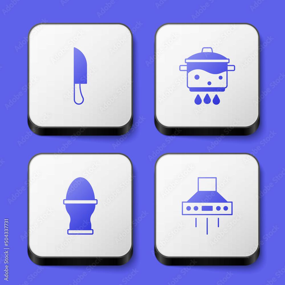 Set Knife, Cooking pot on fire, Chicken egg a stand and Kitchen extractor fan icon. White square button. Vector Set Knife, Cooking pot on fire, Chicken egg a stand and Kitchen extractor fan icon. White square button. Vector