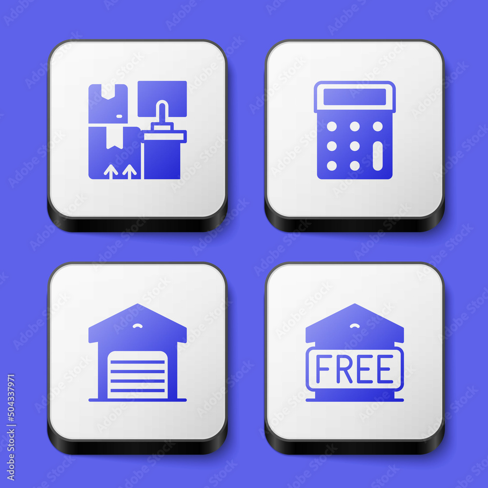 Set Warehouse with boxes, Calculator, and Free storage icon. White square button. Vector Set Warehouse with boxes, Calculator, and Free storage icon. White square button. Vector