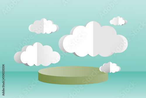 3d social media post template banner, cloud papper cut style with podium design