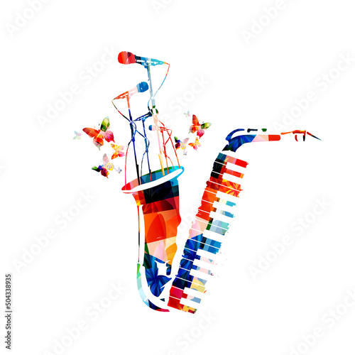  Colorful musical poster with saxophone, microphones and piano keyboard isolated vector illustration. Live concert events, music festivals and shows creative background, party flyer invitation
