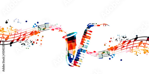 Colorful musical poster with saxophone and piano keyboard isolated vector illustration. Live concert events, music festivals and shows creative background, party flyer with musical notes 	